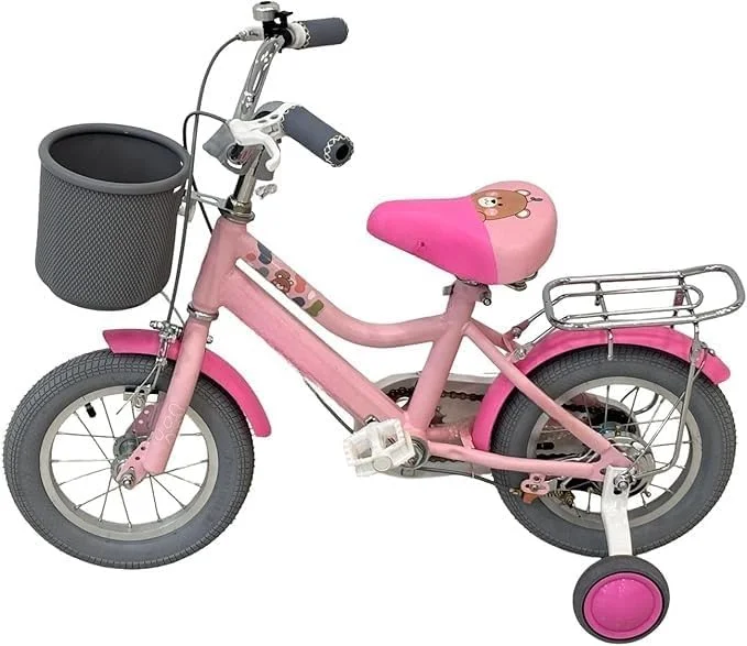 دوچرخه بچه گانه 12 اینچی، صورتی | چرخ های کمکی | سبد جلو | زین قلبی شکل | دوچرخه مبتدی دخترانه با طرح خرس | مناسب برای سنین 3 تا 5 سال