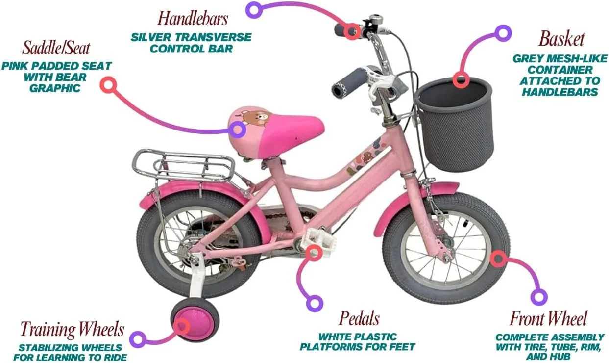 دوچرخه بچه گانه 12 اینچی، صورتی | چرخ های کمکی | سبد جلو | زین قلبی شکل | دوچرخه مبتدی دخترانه با طرح خرس | مناسب برای سنین 3 تا 5 سال