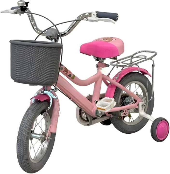 دوچرخه بچه گانه 12 اینچی، صورتی | چرخ های کمکی | سبد جلو | زین قلبی شکل | دوچرخه مبتدی دخترانه با طرح خرس | مناسب برای سنین 3 تا 5 سال