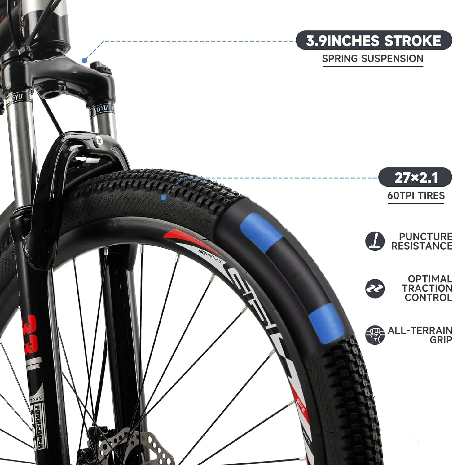 دوچرخه کوهستانی 27.5 اینچی آلیاژ آلومینیوم با رینگ های منیزیم، 21 دنده ای، ترمز دیسکی مکانیکی، ارتفاع صندلی قابل تنظیم 77-93 سانتی متر، وزن 120 کیلوگرم