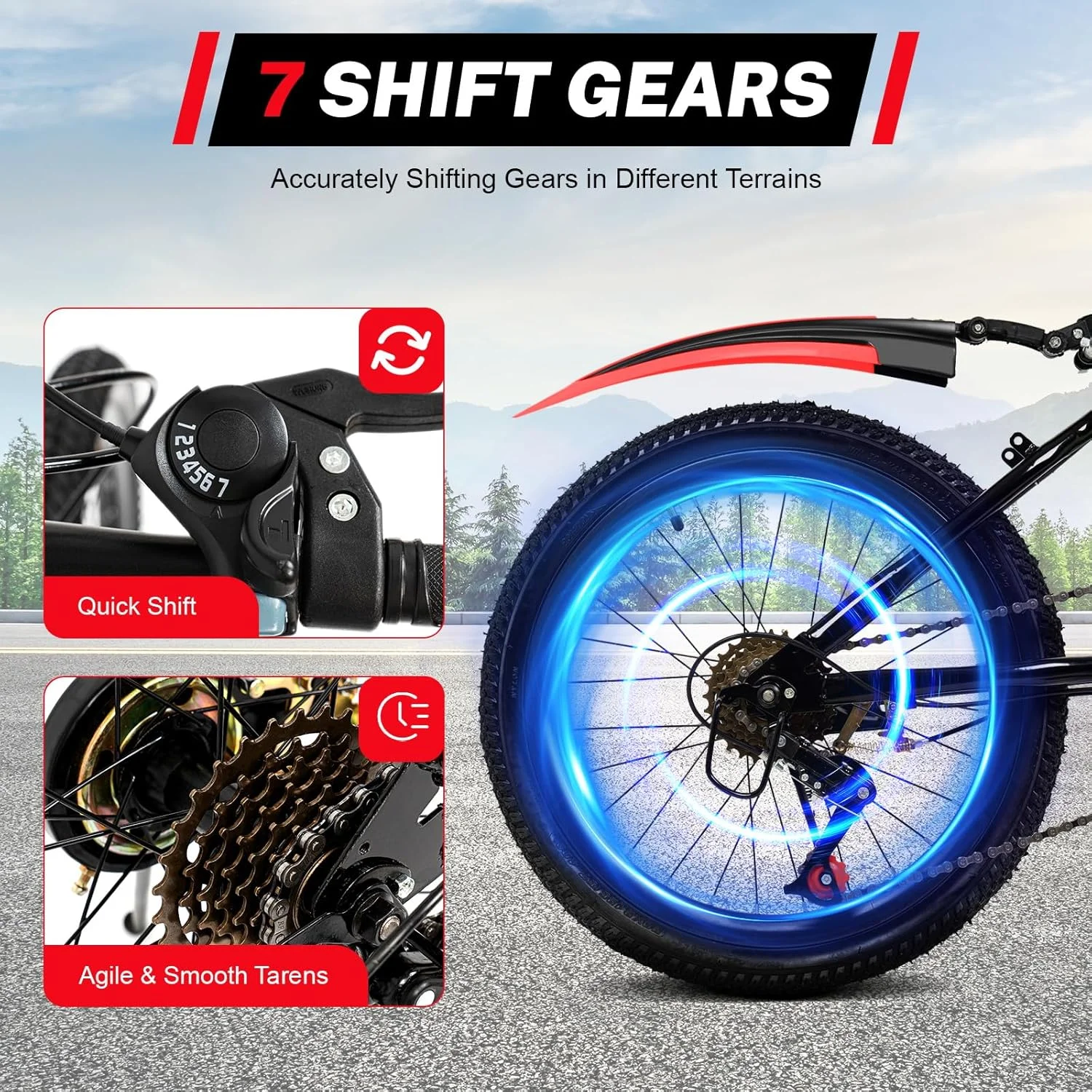 دوچرخه کوهستانی، دوچرخه 20 اینچی، دوچرخه کودکانه برای کودکان، دختران و پسران، دوچرخه کوهستانی 7 سرعته، فریم فولادی کربنی با ترمز وی-بریک