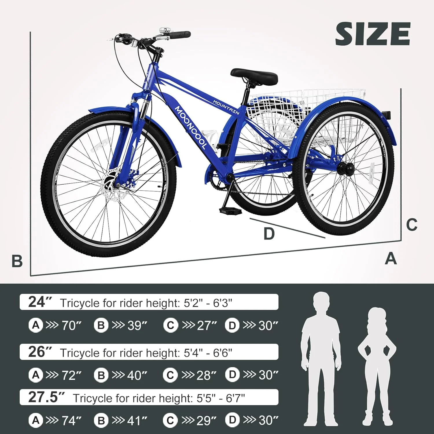 دوچرخه کوهستانی سه چرخه بزرگسال، 7 سرعته، سه چرخه کوهستانی بزرگسال، سه چرخه کروز، سه چرخه بزرگسالان 24/26/27.5 اینچی با سبد خرید، سه چرخه ورزشی مردانه و زنانه، سرمه ای