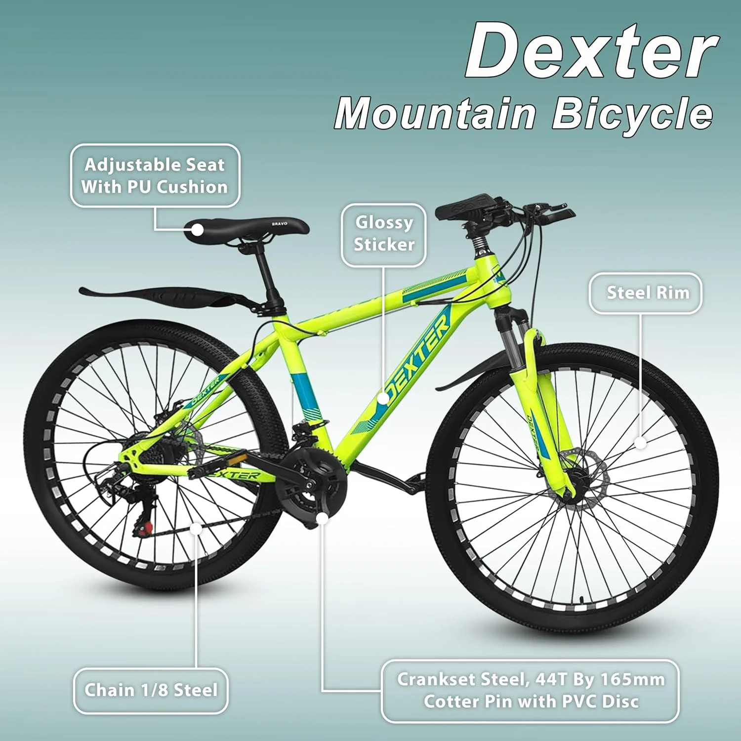 دوچرخه کوهستانی 21 سرعته ADDMAX Dexter با قطعات اصلی Shimano، مناسب برای ورزش و ماجراجویی، با فریم فولادی کربنی سبک 18 اینچی و لاستیک‌های 26x2 اینچی - لیمویی