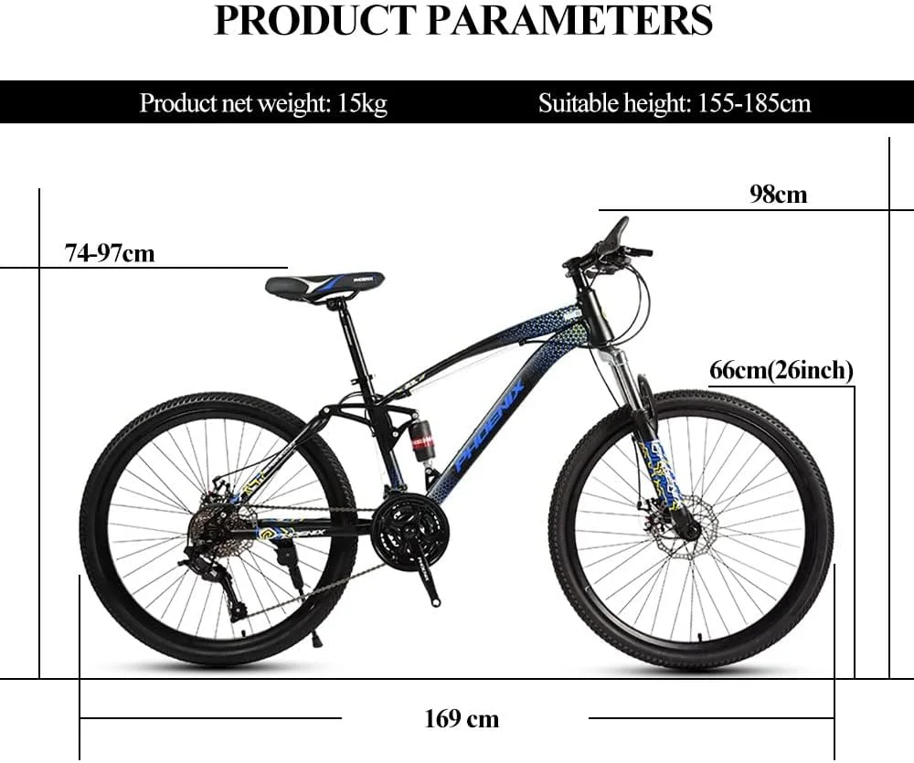 دوچرخه کوهستان با سیستم تعلیق کامل، چرخ‌های 26 اینچی، سیستم دنده 21/24/27/30 سرعته با فریم فولادی کربنی بالا، ترمز دیسکی جلو و عقب، سیستم تعلیق دوگانه، دوچرخه کوهستان بزرگسالان مناسب برای همه