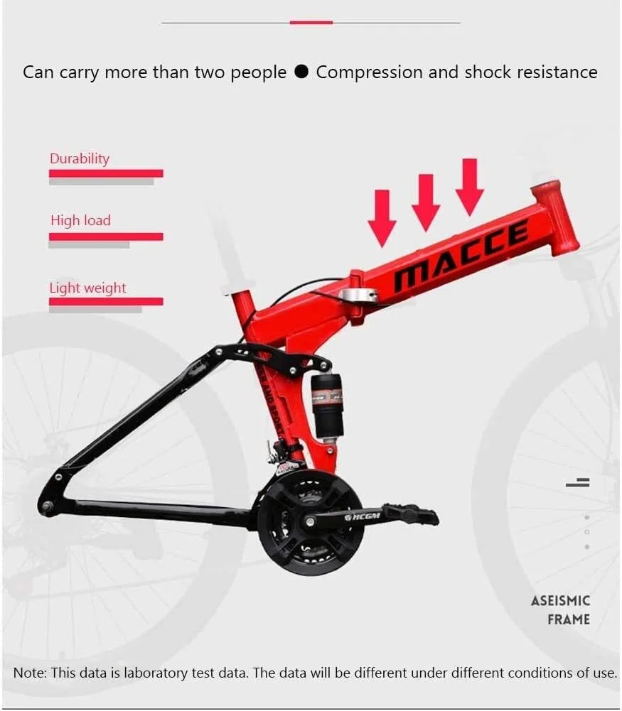 دوچرخه کوهستان تاشو با فریم فولادی کربنی 24 اینچی، دارای سرعت متغیر، سیستم تعلیق دوگانه و چرخ های سه پره، مناسب برای افراد با قد