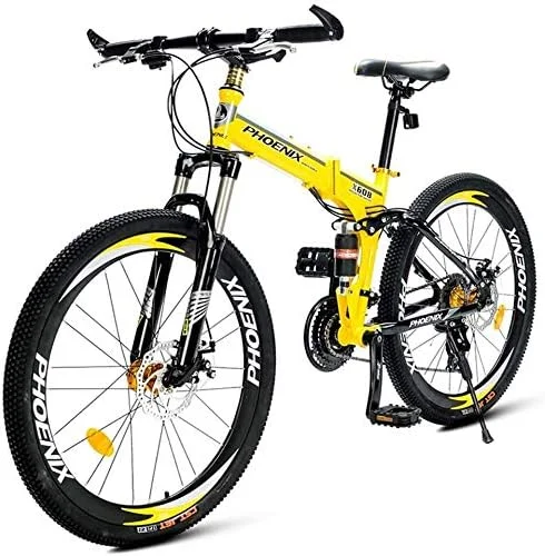 دوچرخه کوهستانی تاشو 21 سرعته با سیستم تعلیق دوگانه، ترمز دیسکی دوگانه، فریم فولادی کربنی ضد لغزش، مناسب برای کودکان، مردان و زنان - رنگ: زرد