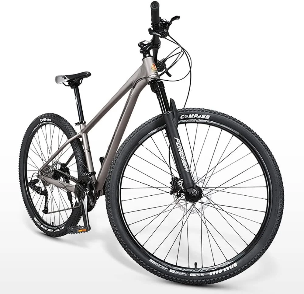دوچرخه کوهستان 29 اینچی با 27/30 دنده، دارای فریم آلومینیومی و ترمز دیسکی دوبل، سیستم تعلیق جلو ضد لغزش و جذب شوک، مناسب برای دوچرخه سواری در فضای باز، جاده، آقایان و بانوان