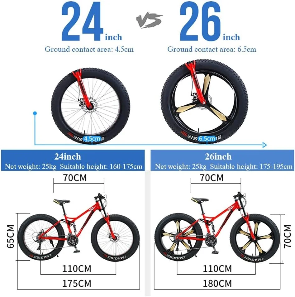 دوچرخه کوهستان با لاستیک پهن و فریم فولادی کربنی، مناسب بزرگسالان، سایز 24/26 اینچ، دارای سیستم تعلیق دوگانه و ترمز دیسکی دوگانه با 7/21/24/27/30 دنده