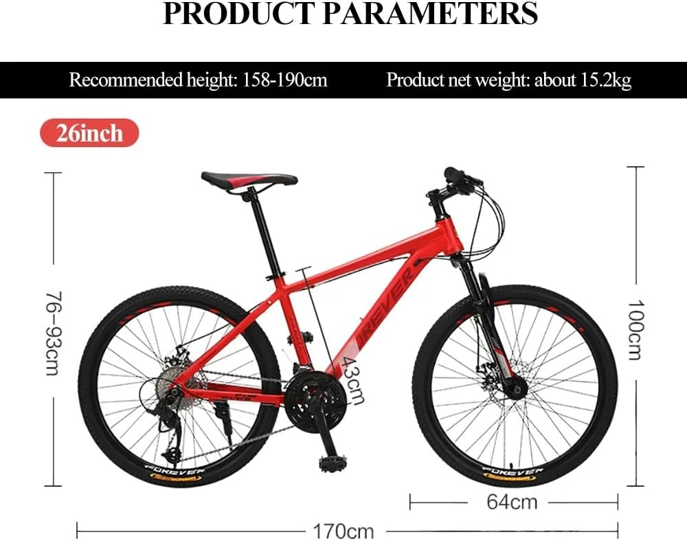 دوچرخه کوهستان با چرخ‌های 26 اینچی، بدنه آلومینیومی، 27 دنده، سیستم تعلیق کامل، ترمز دیسکی دوبل