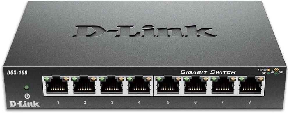 سوئیچ رومیزی غیر مدیریتی 8 پورت گیگابیتی دی-لینک، 8 پورت 10/100/1000BASE-T، نرخ انتقال داده 20 مگابیت بر ثانیه به صورت Full-Duplex، بافر رم 192 کیلوبایتی، تنظیم خودکار MDI/MDIX برای همه پورت ها، مشکی | DGS-108