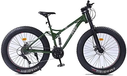 دوچرخه کوهستانی زنانه 26 اینچی با ترمز دیسکی دوگانه، تایر پهن، دوچرخه کوهستانی دنباله دار، دوچرخه با زین قابل تنظیم، فریم فولادی کربنی، سبز، 21 سرعته