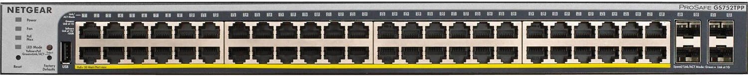 سوئیچ شبکه مدیریتی گیگابیتی 48 پورت PoE+ نتگیر ProSAFE GS752TPP با SFP، ظرفیت سوئیچینگ 104 گیگابیت بر ثانیه، نرخ ارسال 77.38 مگاپیکسل بر ثانیه، بودجه برق 760 وات، 48x Gb ETH PoE+ / 4xGb SFP / USB | GS752TPP-100AJS سوئیچ شبکه مدیریتی گیگابیتی 48 پورت PoE+ نتگیر ProSAFE GS752TPP با SFP، ظرفیت سوئیچینگ 104 گیگابیت بر ثانیه، نرخ ارسال 77.38 مگاپیکسل بر ثانیه، بودجه برق 760 وات، 48x Gb ETH PoE+ / 4xGb SFP / USB | GS752TPP-100AJS