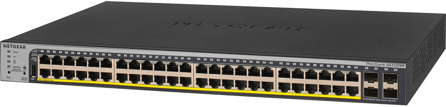 سوئیچ شبکه مدیریتی گیگابیتی 48 پورت PoE+ نتگیر ProSAFE GS752TPP با SFP، ظرفیت سوئیچینگ 104 گیگابیت بر ثانیه، نرخ ارسال 77.38 مگاپیکسل بر ثانیه، بودجه برق 760 وات، 48x Gb ETH PoE+ / 4xGb SFP / USB | GS752TPP-100AJS سوئیچ شبکه مدیریتی گیگابیتی 48 پورت PoE+ نتگیر ProSAFE GS752TPP با SFP، ظرفیت سوئیچینگ 104 گیگابیت بر ثانیه، نرخ ارسال 77.38 مگاپیکسل بر ثانیه، بودجه برق 760 وات، 48x Gb ETH PoE+ / 4xGb SFP / USB | GS752TPP-100AJS