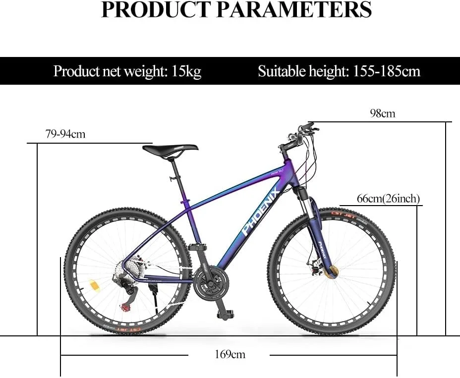 دوچرخه کوهستان 26 اینچی آلومینیومی با فریم 17 اینچی، مناسب مسیرهای کوهستانی با 27 دنده، سیستم تعلیق کامل، ترمزهای دیسکی دوبل