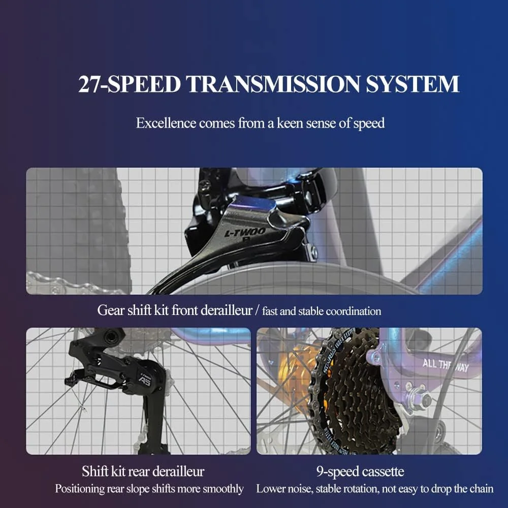 دوچرخه کوهستان 26 اینچی آلومینیومی با فریم 17 اینچی، مناسب مسیرهای کوهستانی با 27 دنده، سیستم تعلیق کامل، ترمزهای دیسکی دوبل