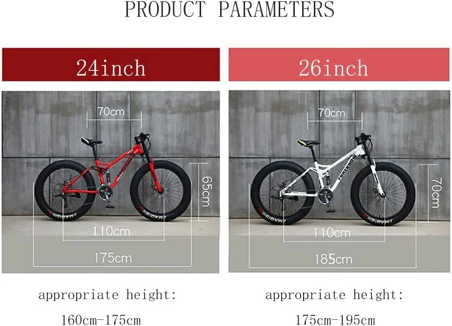 دوچرخه کوهستان 26 اینچی با لاستیک پهن، 27 دنده، بدنه فولادی کربنی، سیستم تعلیق کامل، ترمز دیسکی دوبل و لاستیک 4.0 اینچی مناسب مسیرهای برفی و ساحلی