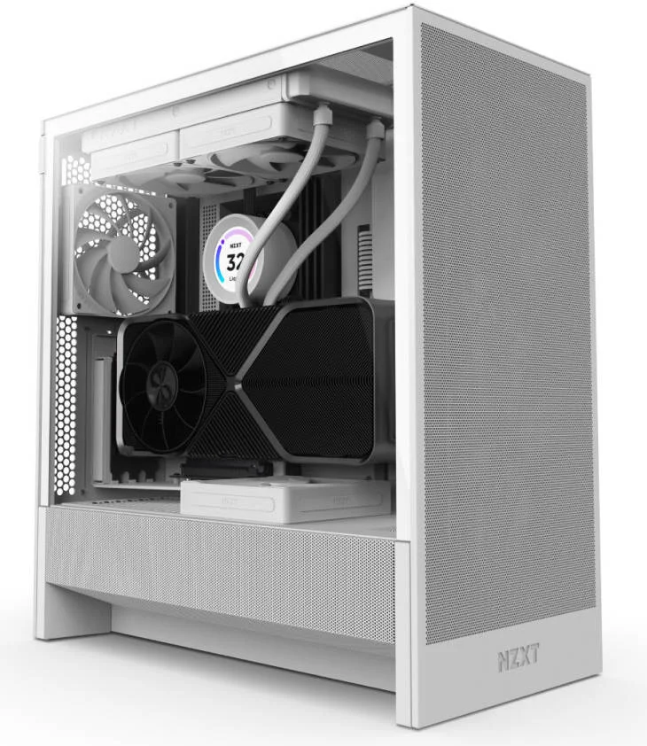کیس مید تاور ATX جریان هوای NZXT H5 Flow نسخه 2024، دارای 2 فن F120Q از پیش نصب شده، بدنه فولاد SGCC، شیشه حرارت دیده با رنگ تیره، مدیریت آسان کابل، سفید | CC-H52FW-01