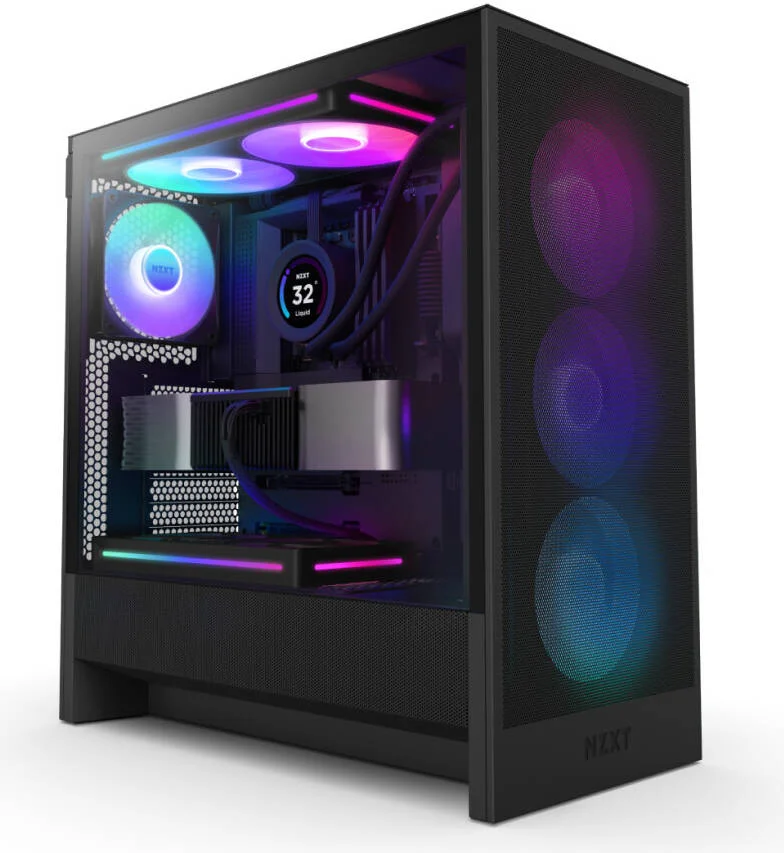 کیس مید تاور ATX جمع و جور NZXT H5 Flow RGB Edition با جریان هوای عالی، دارای 1 فن F360 RGB Core و 1 فن F120Q از پیش نصب شده، جنس بدنه فولاد SGCC و شیشه حرارت دیده تیره، رنگ مشکی | CC-H52FB-R1