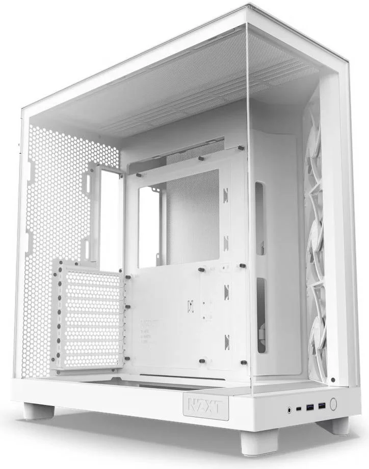 کیس مید تاور ATX دو محفظه ای NZXT H6 Flow Compact با جریان هوای عالی، پنل های شیشه ای پانوراما، پشتیبانی از رادیاتور تا 360 میلی متر و 3 عدد فن 120 میلی متری F120Q، مدیریت کابل، USB-C 3.2 / USB-A 3.2، سفید | CC-H61FW-01