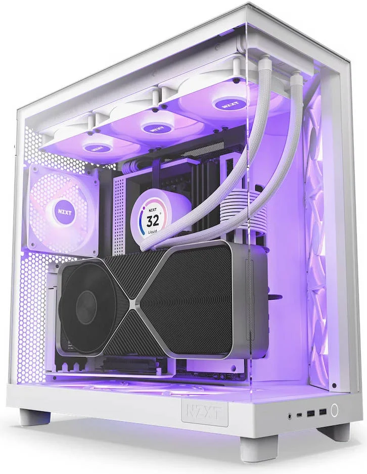 کیس مید تاور دو محفظه ای NZXT H6 Flow RGB با جریان هوای فشرده، پنل های شیشه ای پانوراما، پشتیبانی از رادیاتور تا 360 میلی متر و 3 عدد فن 120 میلی متری RGB، مدیریت کابل، USB-C 3.2 / USB-A 3.2، سفید | CC-H61FW-R1