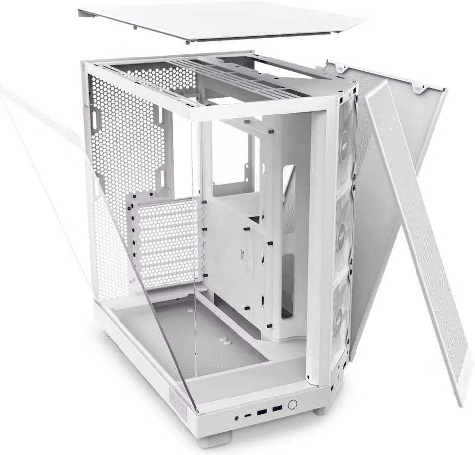 کیس مید تاور دو محفظه ای NZXT H6 Flow RGB با جریان هوای فشرده، پنل های شیشه ای پانوراما، پشتیبانی از رادیاتور تا 360 میلی متر و 3 عدد فن 120 میلی متری RGB، مدیریت کابل، USB-C 3.2 / USB-A 3.2، سفید | CC-H61FW-R1