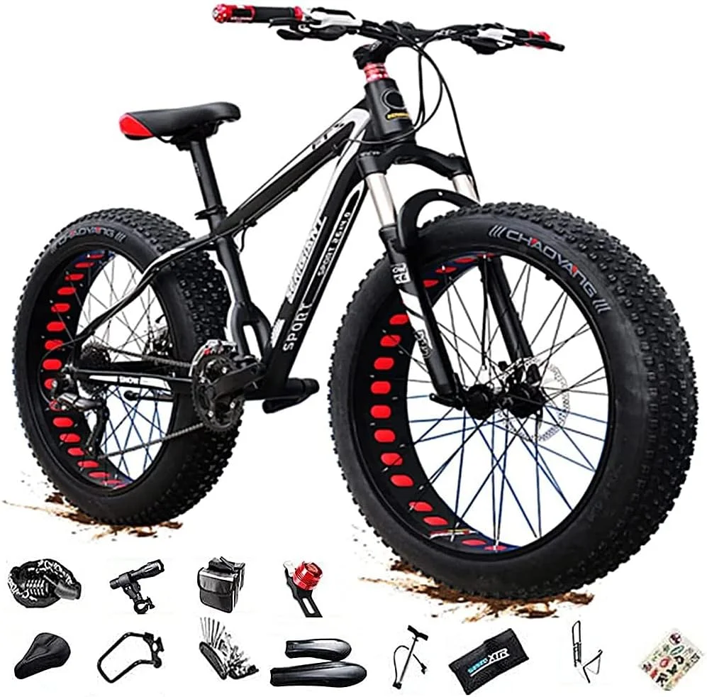 دوچرخه کوهستان مردانه چرخ پهن 24/26 اینچی، دوچرخه تریل کوهستانی با لاستیک پهن مناسب بزرگسالان، دوچرخه 27/30 سرعته با فریم فولادی کربنی، سیستم تعلیق دوگانه و ترمز دیسکی دوگانه - مشکی قرمز