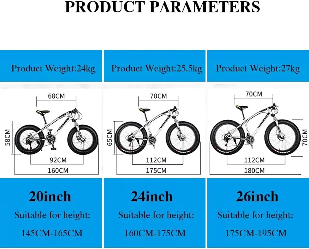 دوچرخه کوهستانی چرخ ضخیم 20/24/26 * 4.0 اینچی، دوچرخه تریل کوهستانی بزرگسالان 7/21/24/27/30 سرعته با فریم فولادی کربنی و سیستم تعلیق دوگانه و ترمز دیسکی دوگانه