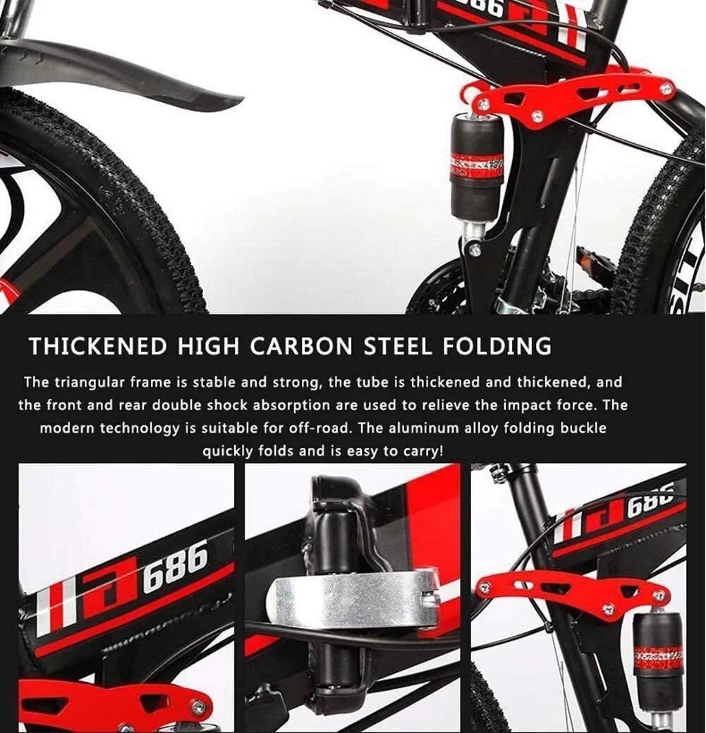 دوچرخه تاشو با فریم آلومینیومی سبک وزن 26 اینچی 24 سرعته، ترمز دیسکی دوبل و سیستم تعلیق کامل ضد لغزش