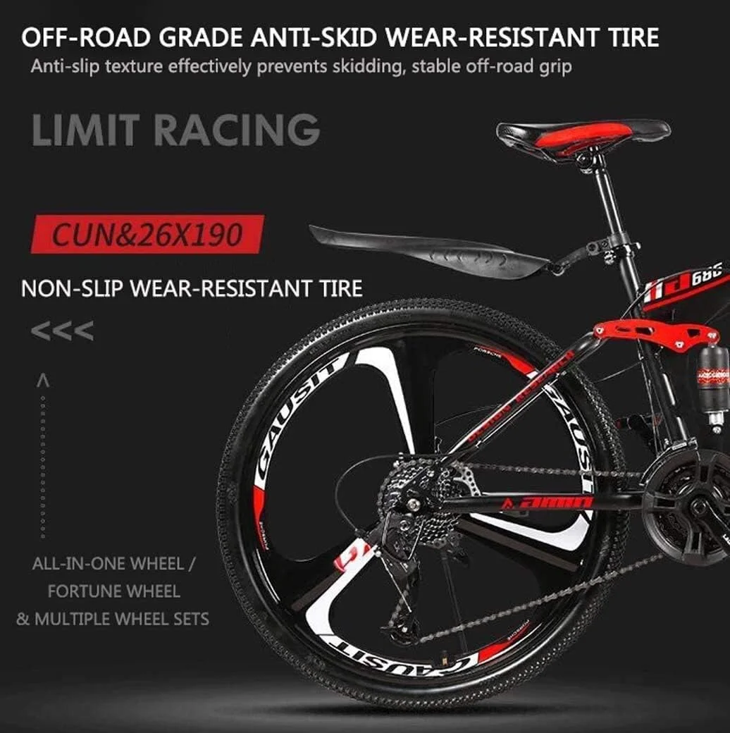 دوچرخه کوهستانی با فریم آلومینیومی، تاشو سبک وزن 26 اینچی، 21 دنده، ترمز دیسکی دوبل، سیستم تعلیق کامل ضد لغزش