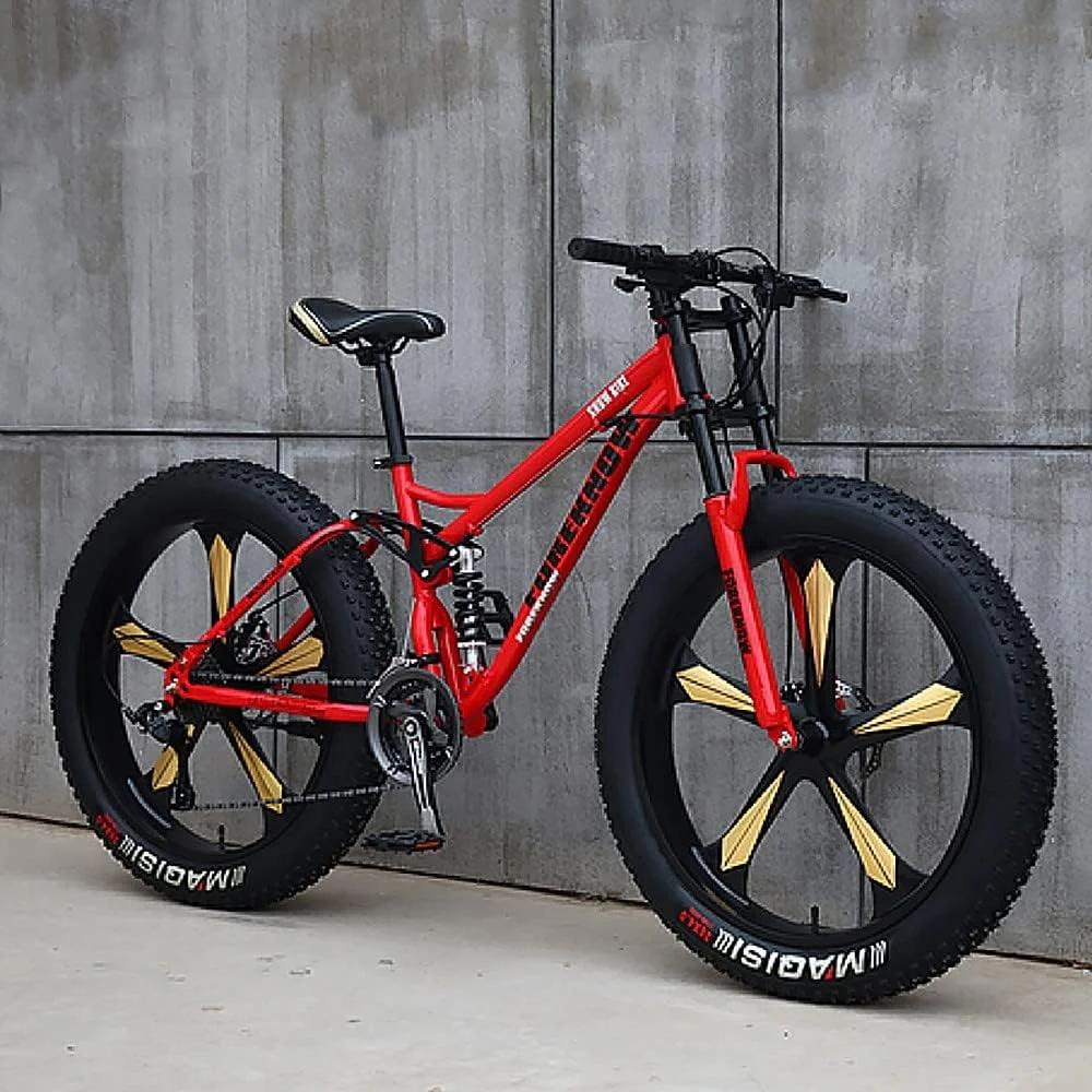 دوچرخه کوهستان 26 اینچی، دوچرخه کوهستانی تایر پهن مناسب بزرگسالان، دوچرخه 27 سرعته، فریم فولادی کربنی با سیستم تعلیق کامل و ترمز دیسکی دوبل، دوچرخه های برفی ساحلی با چرخ های ضخیم 4.0 اینچی