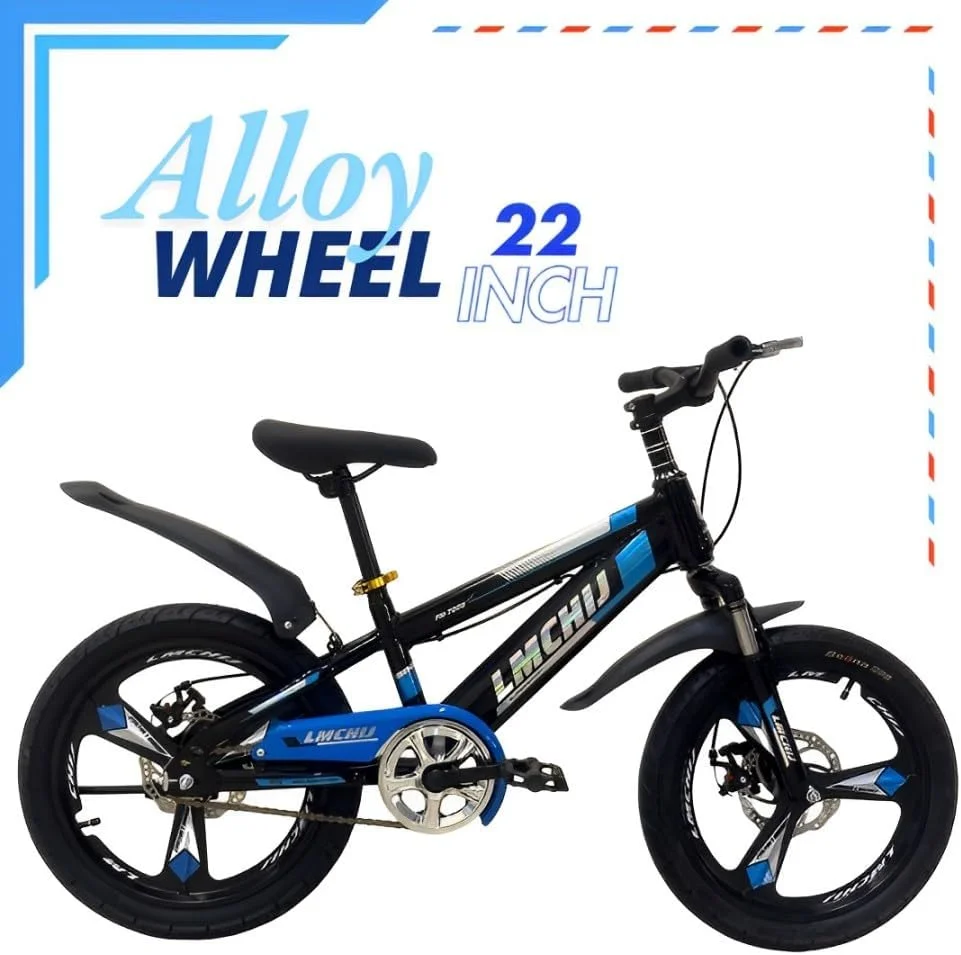 دوچرخه کوهستانی بچگانه 22 اینچی – تک سرعته، فریم فولادی کربنی، سیستم تعلیق جلو، ترمزهای دیسکی دوبل، پره های چرخ چند رنگ – آبی/مشکی