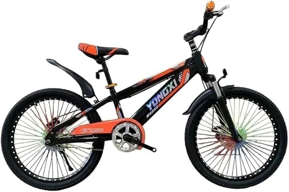 دوچرخه کوهستانی بچگانه 22 اینچی - تک سرعته، فریم فولادی کربنی، سیستم تعلیق جلو، ترمزهای دیسکی دوبل، پره های چرخ چند رنگ - قرمز/مشکی