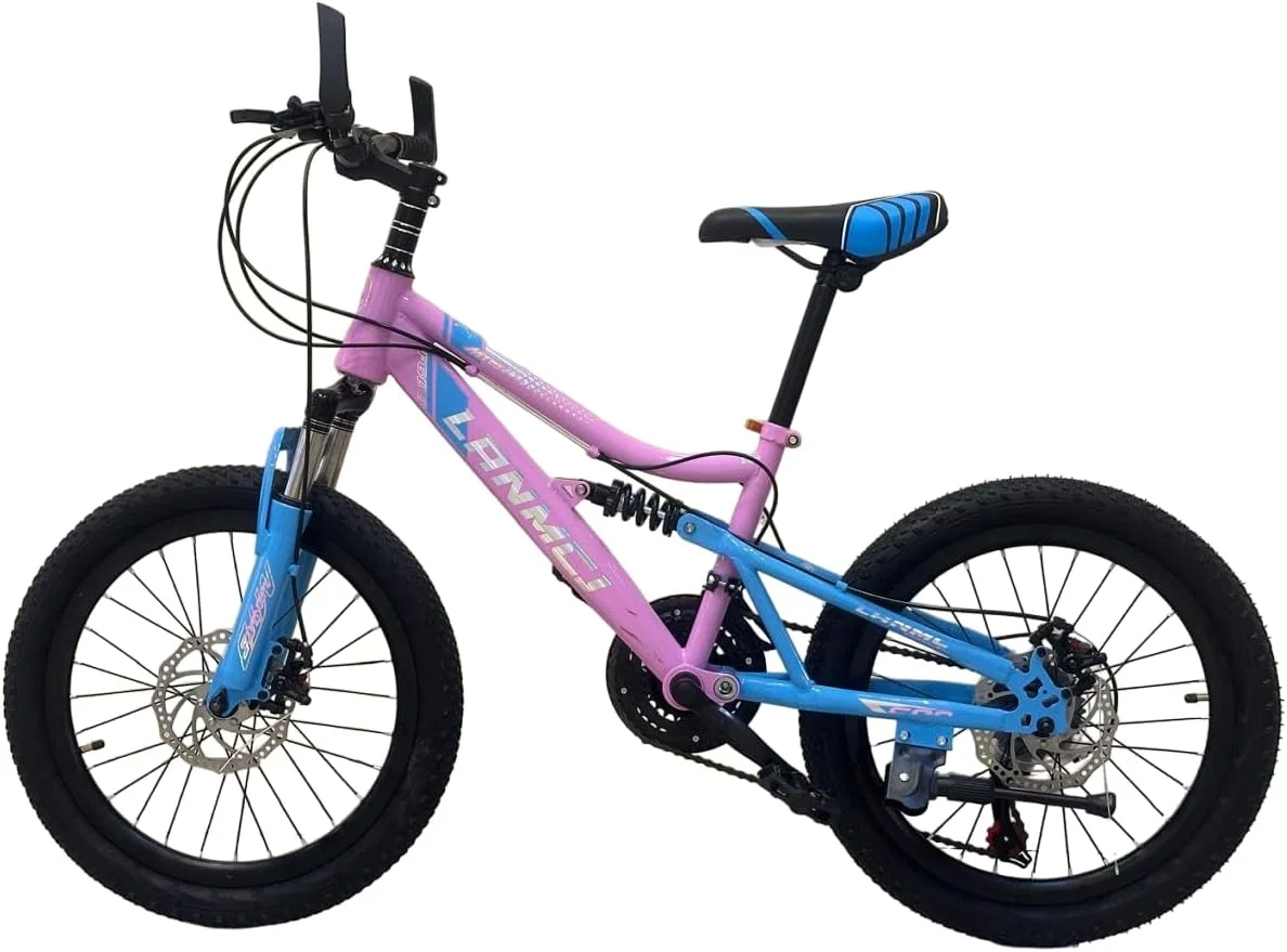 دوچرخه کوهستانی بچه گانه 20 اینچی – 21 دنده، فریم فولادی کربنی، سیستم تعلیق دوگانه، ترمزهای دیسکی جلو و عقب، صندلی قابل تنظیم آبی/صورتی