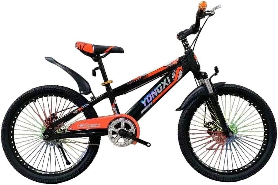 دوچرخه کوهستانی کودکانه 22 اینچی - تک سرعته، فریم فولادی کربنی، سیستم تعلیق جلو، ترمزهای دیسکی دوبل، چرخ های پره ای چند رنگ - قرمز/مشکی