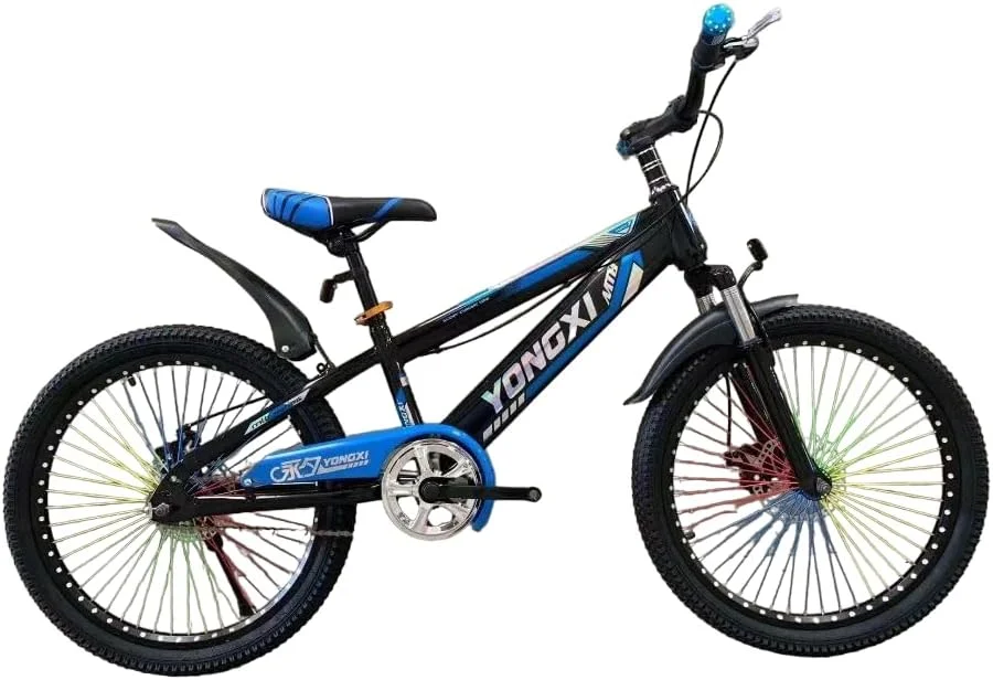 دوچرخه کوهستان بچگانه 22 اینچی - تک سرعته، فریم فولادی کربنی، سیستم تعلیق جلو، ترمزهای دیسکی دوبل، چرخ های پره دار چند رنگ - آبی/مشکی