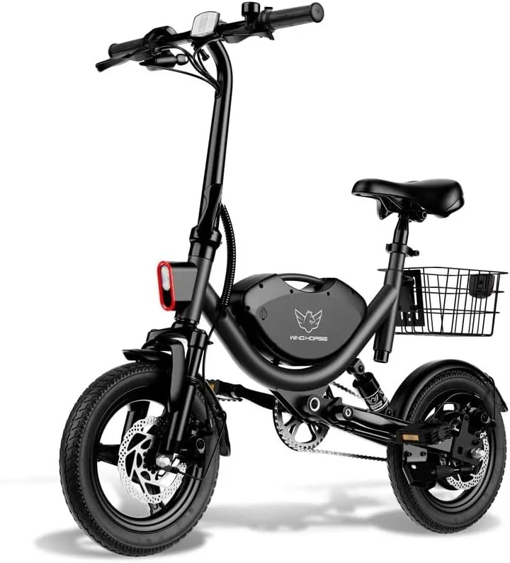 دوچرخه برقی تاشو WINDHORSE برای بزرگسالان، موتور براشلس 500 وات، حداکثر سرعت 35 کیلومتر در ساعت، برد 19-35 کیلومتر با باتری 36 ولت 8 آمپر، لاستیک های 14 اینچی با سیستم تعلیق دوگانه و ترمزهای دیسکی.