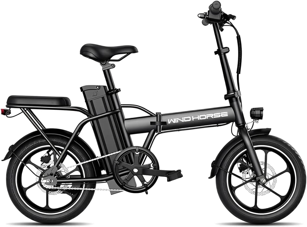 دوچرخه برقی تاشو WINDHORSE با موتور پرسرعت 350 وات| W2A مشکی| باتری 36 ولت 8 آمپر ساعت| سرعت 40 کیلومتر در ساعت| برد 35 کیلومتر | ترمزهای دیسکی دوبل| فریم آلیاژ کربن و لاستیک های 16 اینچی