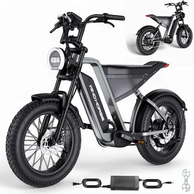 دوچرخه کوهستان برقی WINDHORSE، موتور 1000 وات، باتری 48 ولت، برد 75 کیلومتر، سرعت 60 کیلومتر در ساعت، لاستیک های پهن 20 اینچی، ترمزهای هیدرولیک، 7 دنده