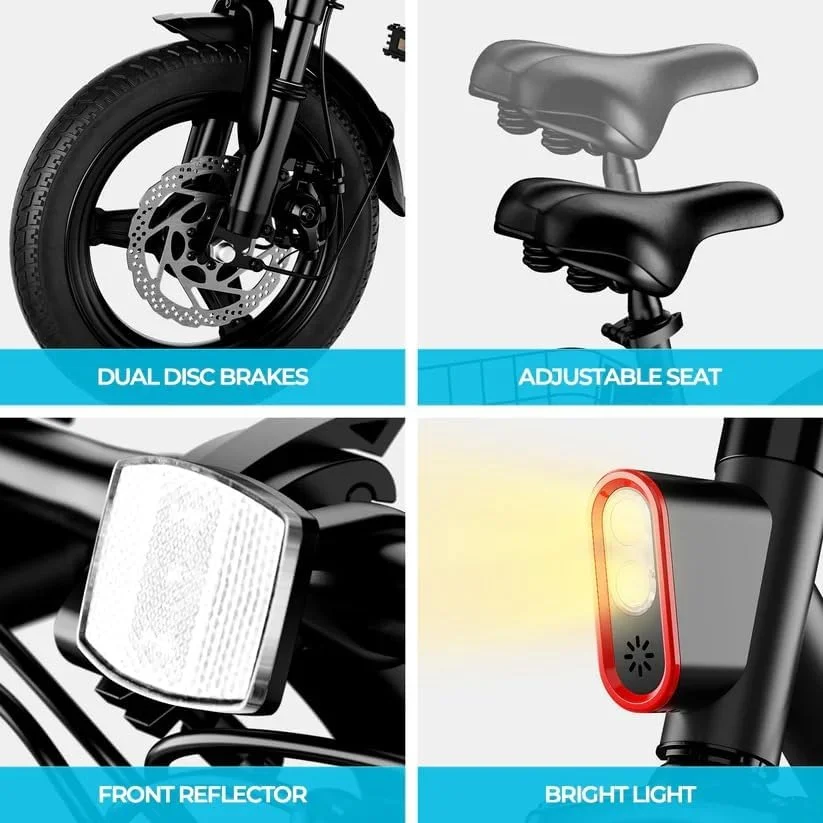 دوچرخه برقی تاشو WINDHORSE برای بزرگسالان، موتور براشلس 500 وات، حداکثر سرعت 35 کیلومتر در ساعت، برد 19-35 کیلومتر با باتری 36 ولت 8 آمپر، لاستیک های 14 اینچی با سیستم تعلیق دوگانه و ترمزهای دیسکی.