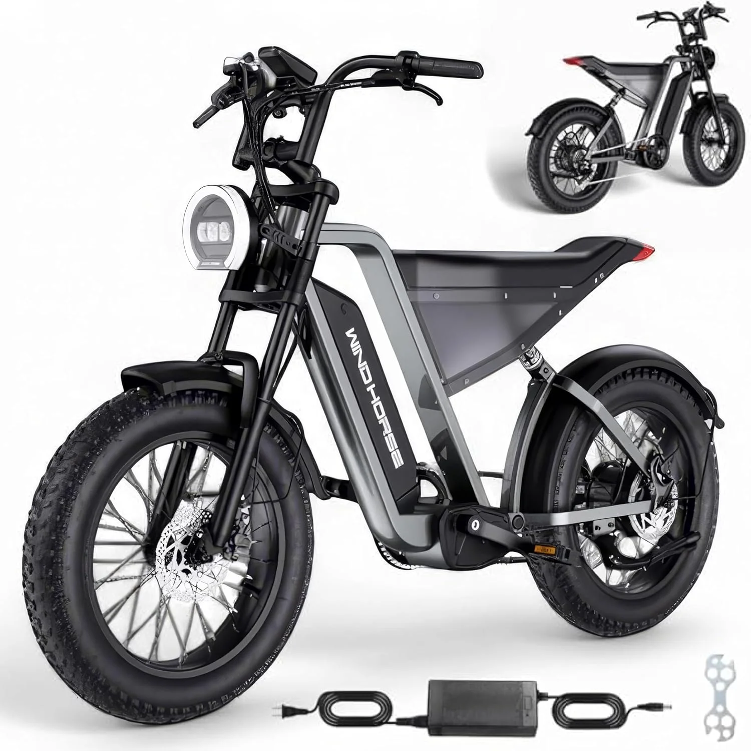 دوچرخه کوهستان برقی WINDHORSE، موتور 1000 وات، باتری 48 ولت، برد 75 کیلومتر، سرعت 60 کیلومتر در ساعت، لاستیک های پهن 20 اینچی، ترمزهای هیدرولیک، 7 دنده