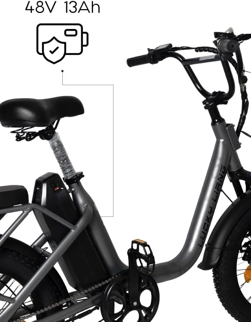دوچرخه برقی بزرگسالان Lucky Liang U03 – موتور 500 وات (حداکثر 750 وات)، باتری 48 ولت 13 آمپر ساعت، سرعت 45 کیلومتر در ساعت، برد 35-45 کیلومتر، لاستیک های آفرود 20×3.0 اینچ، فریم فولاد کربنی