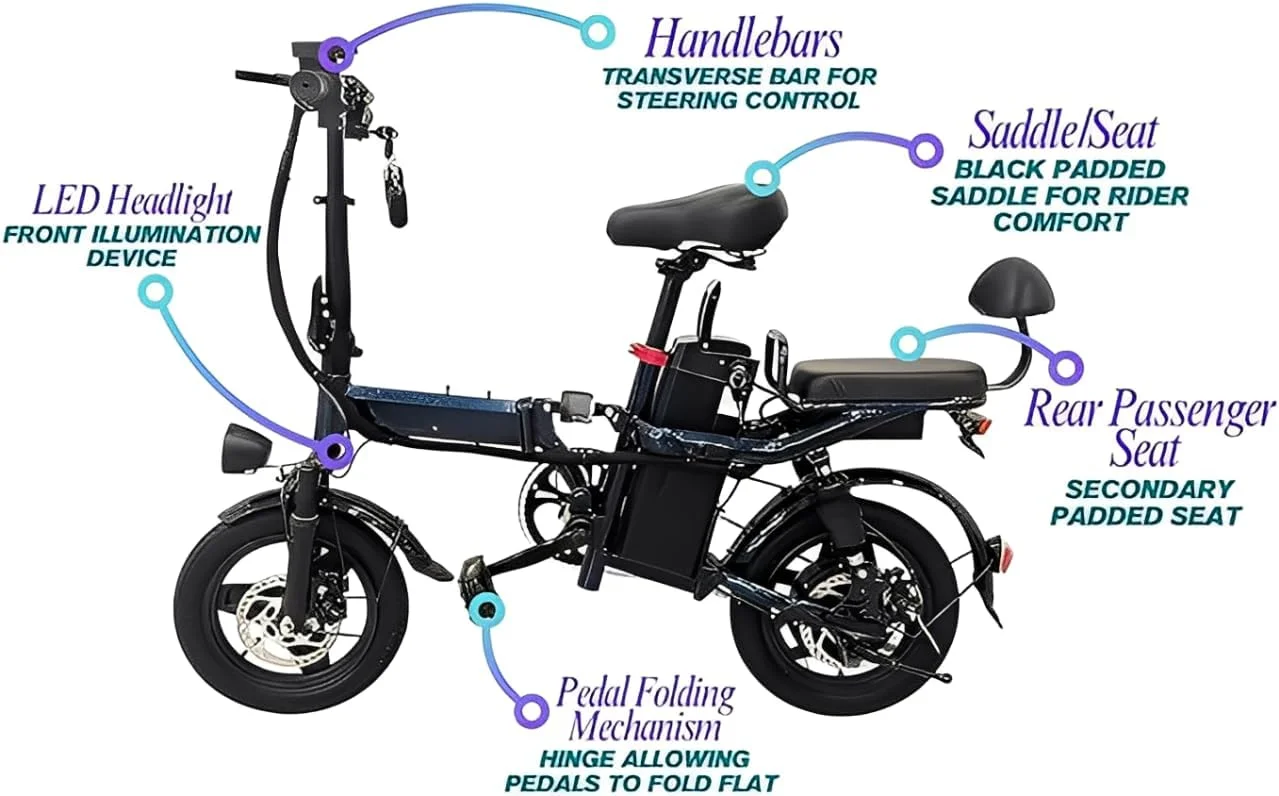 دوچرخه برقی تاشو، سرمه ای | نمایشگر LCD | طراحی جمع و جور و قابل حمل | ترمزهای دیسکی | صندلی قابل تنظیم با پشتی | دوچرخه برقی شهری
