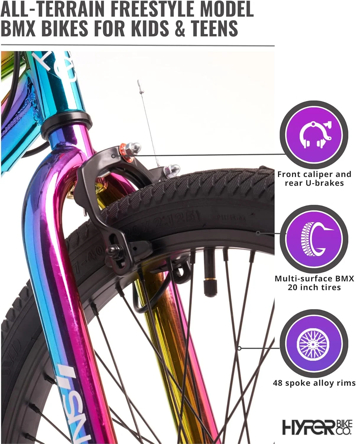 دوچرخه BMX هایپر سایز 20 اینچ برای کودکان، تک سرعته، چرخ دنده های جلو و عقب، فریم فولادی BMX. چرخش 360 درجه فرمان. دوچرخه BMX آماده پارک برای کودکان. پرداخت جت سوخت