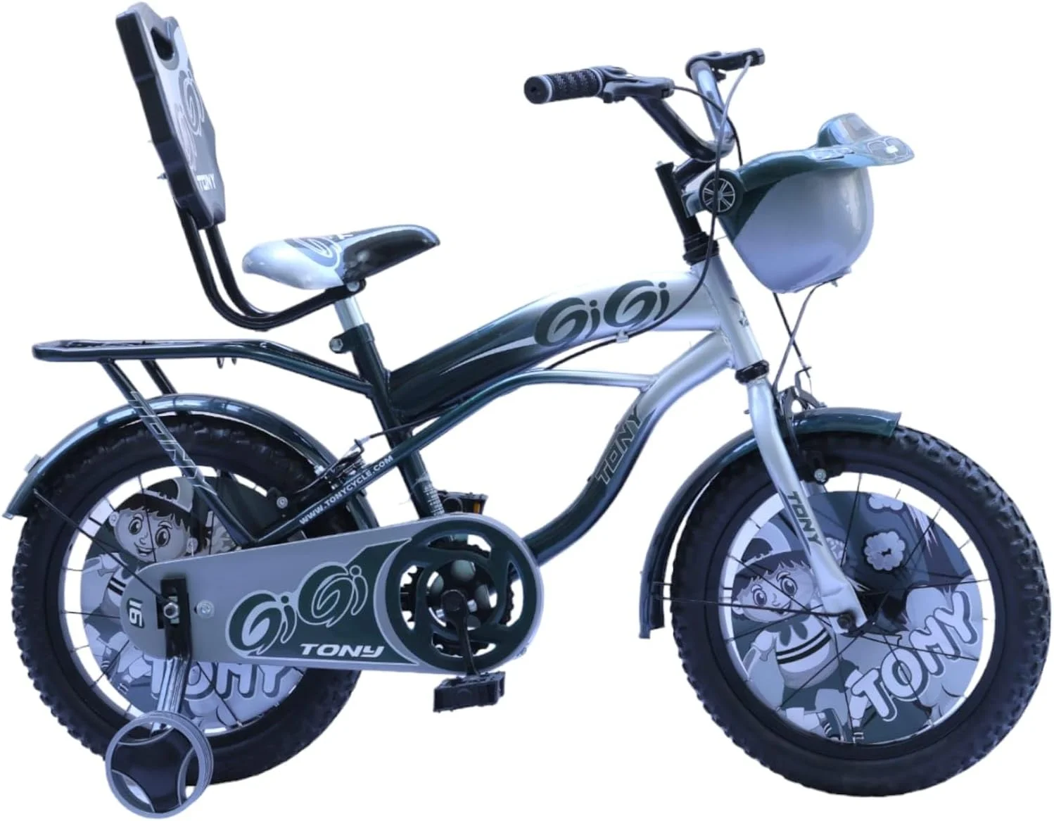 دوچرخه تک سرعته BMX اسپرت تونی راو 14T مناسب کودکان 3 تا 5 سال دختر و پسر به همراه چرخ های کمکی سبز طوسی
