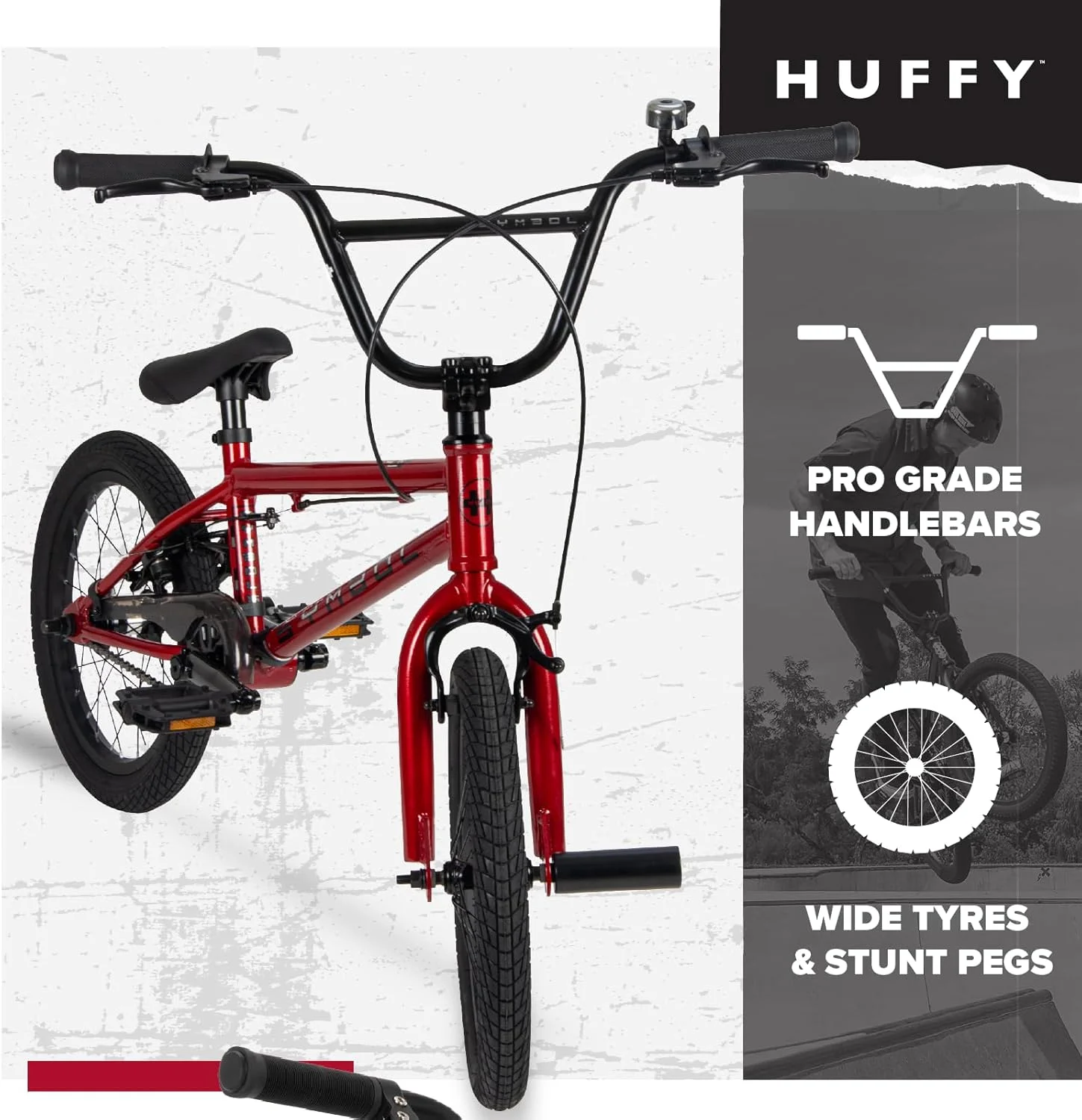 دوچرخه BMX فری استایل سیمبل، 16 یا 20 اینچ، فریم فولادی، ترمز جلوی قابل جدا شدن، طوقه های آلیاژی، دارای میخ های قرمز، آبی، نقره ای