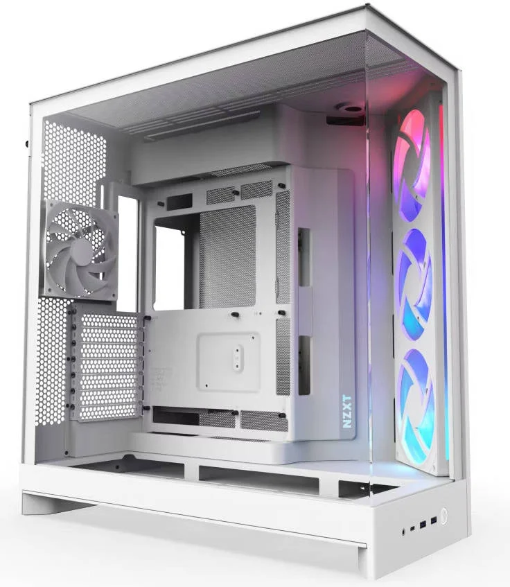 کیس مید تاور دو محفظه ای NZXT H9 Flow RGB ATX با طراحی جریان هوای بالا و شیشه حرارت دیده پانوراما، پشتیبانی از دو رادیاتور 360 میلی متری، تا 10 فن، سازگاری با E-ATX، سفید | CM-H92FW-R1