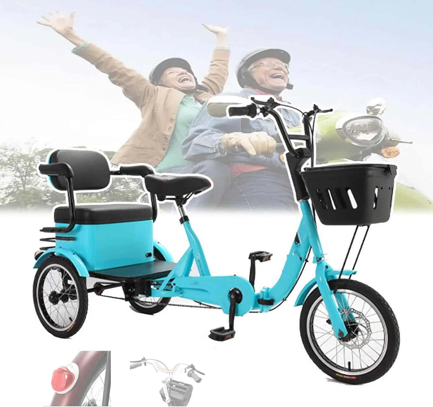 دوچرخه سه چرخه تاشو برقی برای افراد مسن، دارای 8 بلبرینگ، حساسیت ترمزگیری، ظرفیت تحمل بار 200 کیلوگرم، تاشو آسان، صندلی ضخیم، فضای ذخیره سازی بسته، مناسب برای رفت و آمد