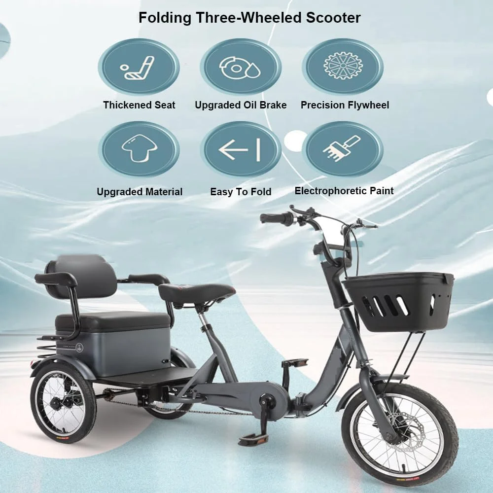 دوچرخه سه چرخه تاشو برقی برای افراد مسن، دارای 8 بلبرینگ، حساسیت ترمزگیری، ظرفیت تحمل بار 200 کیلوگرم، تاشو آسان، صندلی ضخیم، فضای ذخیره سازی بسته، مناسب برای رفت و آمد