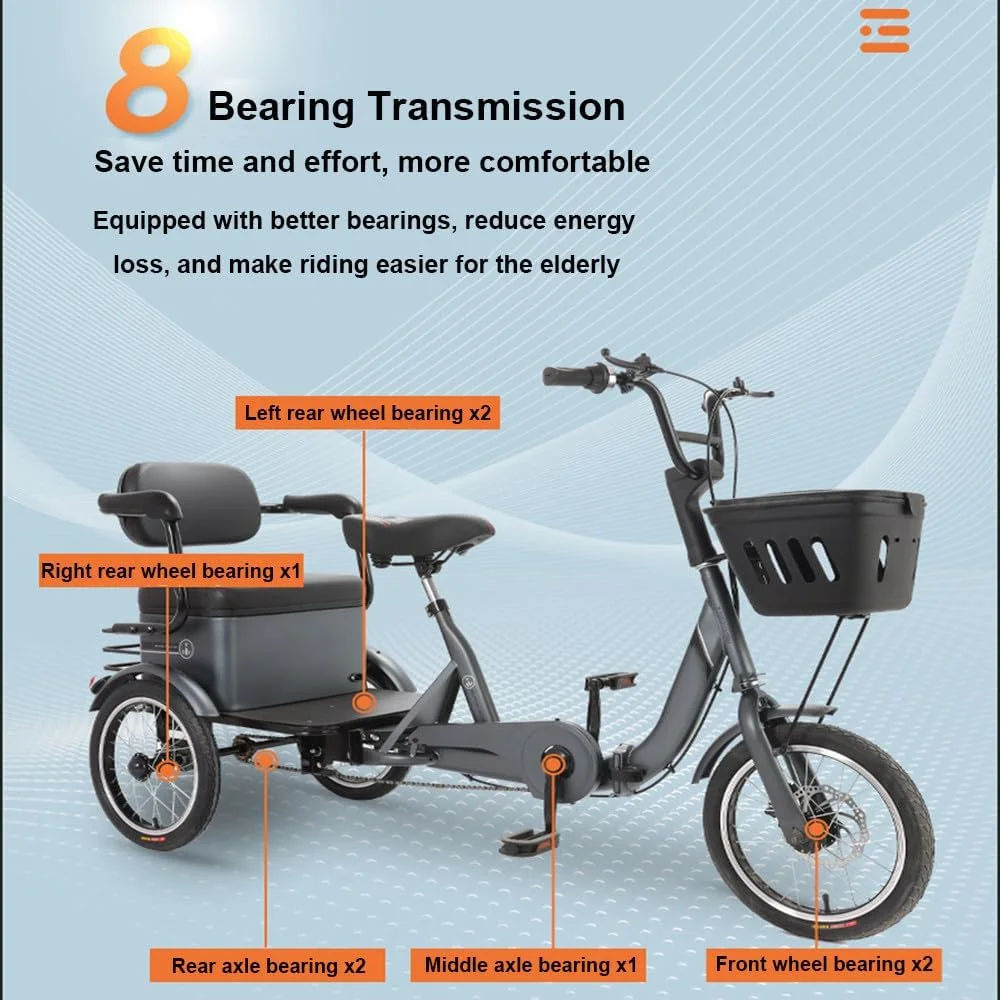 دوچرخه سه چرخه تاشو برقی برای افراد مسن، دارای 8 بلبرینگ، حساسیت ترمزگیری، ظرفیت تحمل بار 200 کیلوگرم، تاشو آسان، صندلی ضخیم، فضای ذخیره سازی بسته، مناسب برای رفت و آمد