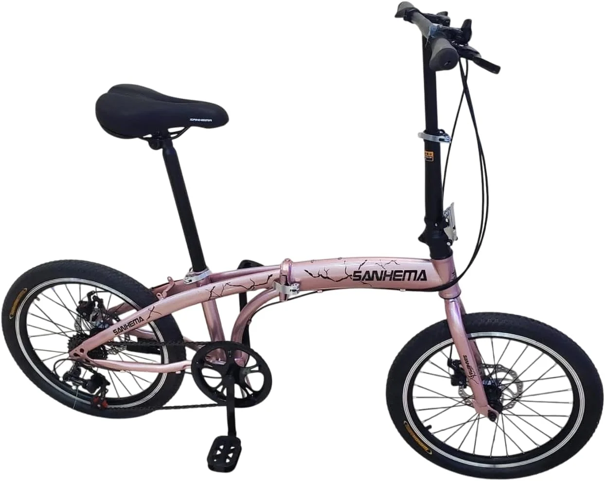 دوچرخه تاشو برای آقایان و بانوان، چرخ 20 اینچی، 6 دنده، فرمان تاشو، ترمز دیسکی دوبل، پره ای - صورتی